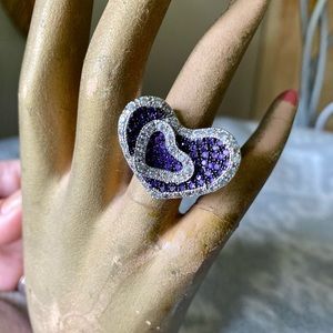 Purple & Crystal Sparkly double heart ring